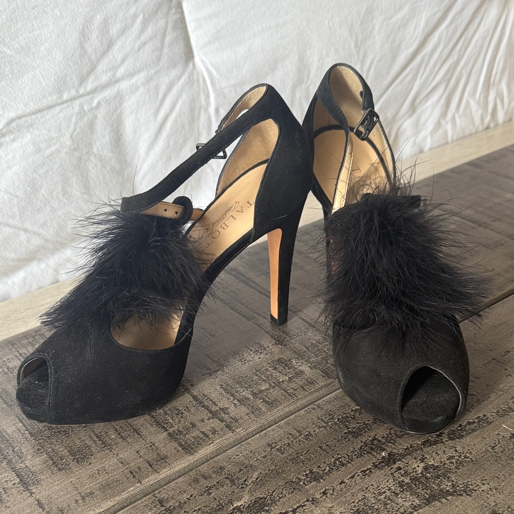 Talbots Black Peep-Toe Heels with Feather Accent